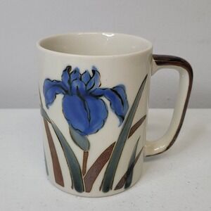 Vintage Otagiri Style Blue Iris Stoneware Coffee Mug Hand Painted Floral